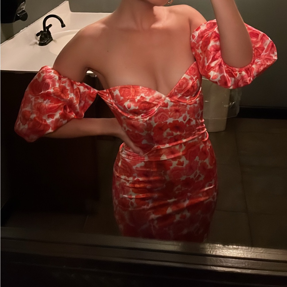 Oh Polly Pink and Orange Floral Puff Sleeve Mini Dress